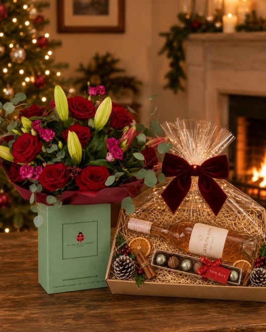 Midwinter Blush Christmas Bouquet with Rose and Belgian Chocolate Gift Set Hamper Midwinter Blush Christmas Bouquet with Rose and Belgian Chocolate Gift Set Hamper
