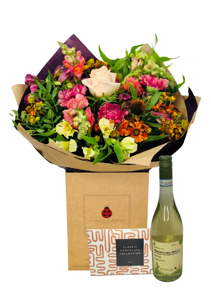 Autumn Garden Handtied Bouquet of Flowers wine and chocolates gift set