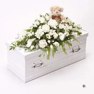 Childrens Casket Spray with Teddy Bear - White