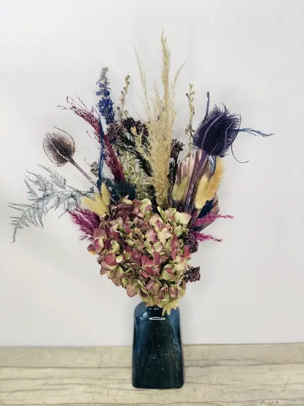 Dried Blue Vase Arrangement Of Flowers Dried Blue Vase Arrangement Of Flowers