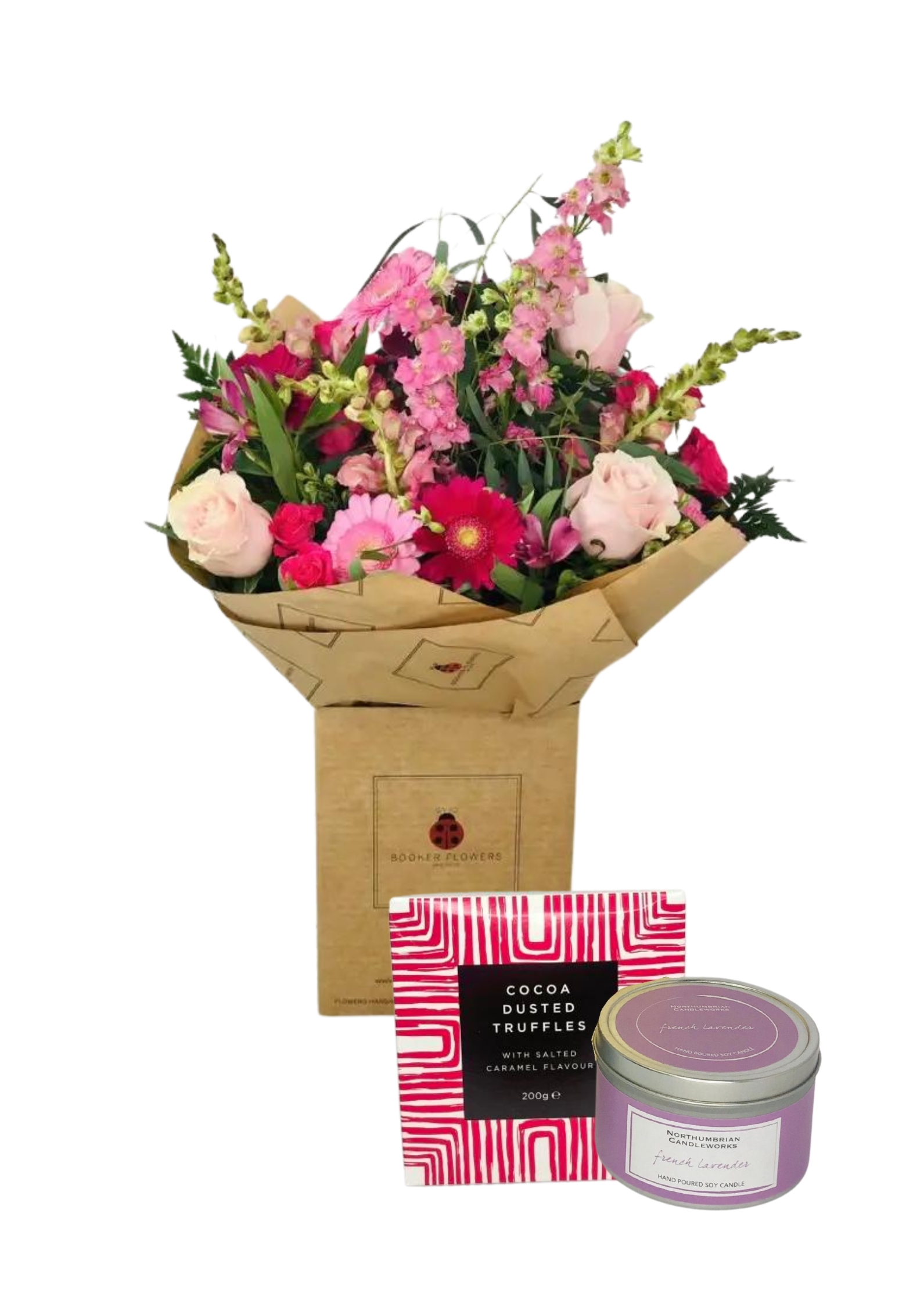 Happy Birthday Flowers Candle and Chocolates