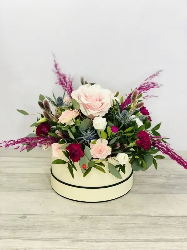 Mothers Day Pretty Purple Pampas Hat Box of Flowers