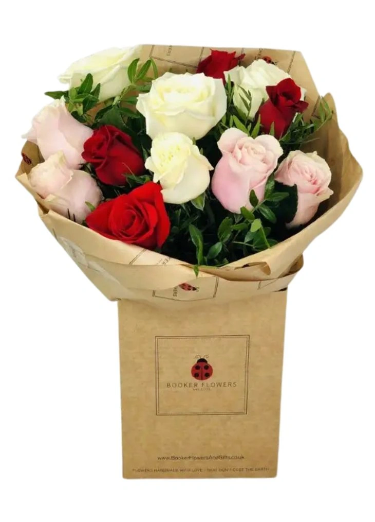 Red White and Pink Rose Medley Handtied