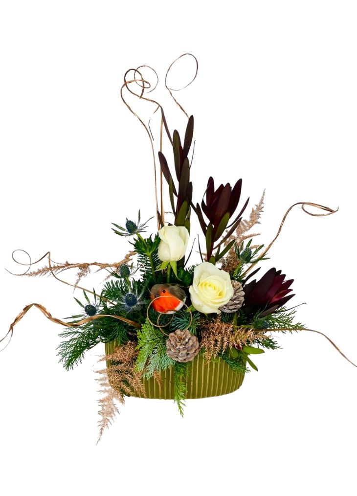 Rustic Robin Festive Flower Arrangement