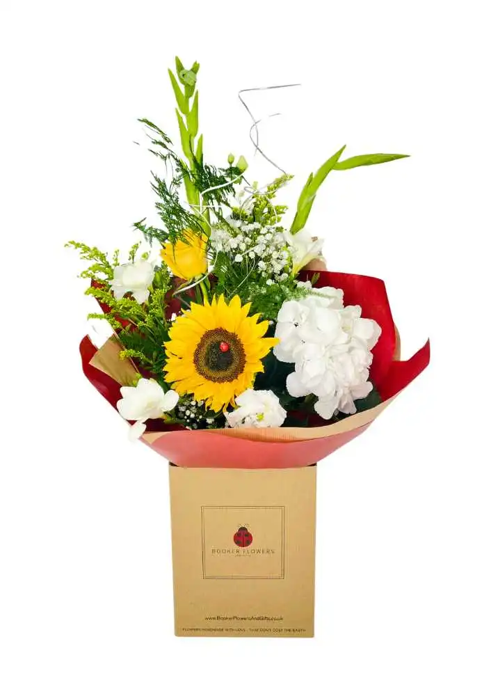 White and Yellow Autumn bouquet including seasonal sunflower