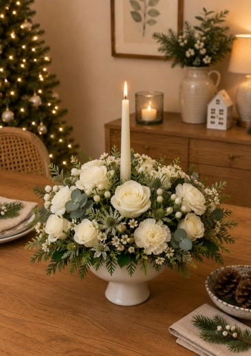 Winter Wonderland White Rose and Berry Flower Arrangement Christmas Centrepiece